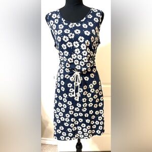 Lands End Medium Dress Tropical Hibiscus Navy Blue Cream Floral  Baumwolle